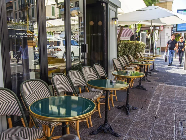 Nice França Outubro 2019 Mesas Típico Café Rua Calçada — Fotografia de Stock