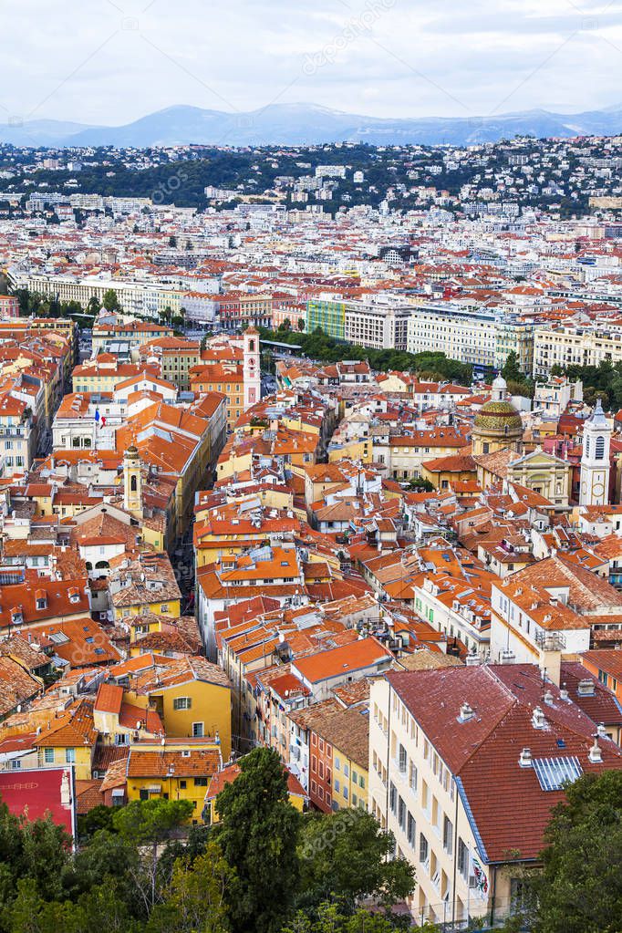 Nice, France, October 9, 2019. Picturesque view from the viewing ground of Chteau hill to the red roofs of the old town