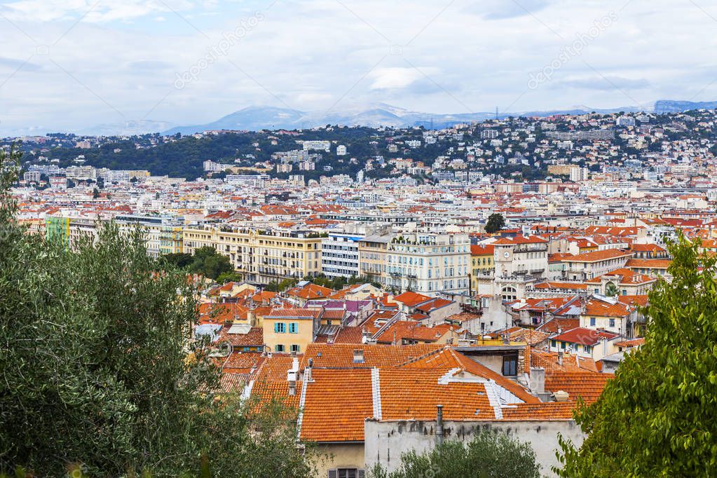 Nice, France, October 9, 2019. Picturesque view from the viewing ground of Chteau hill to the red roofs of the old town