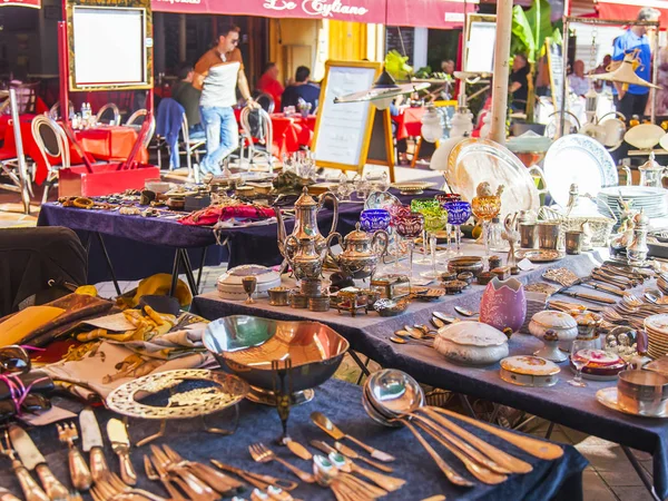 Nice França Outubro 2019 Utensílios Vintage Talheres Balcão Mercado Tradicional — Fotografia de Stock