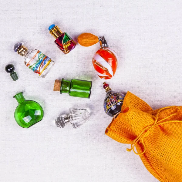 Variety Vintage Bottles Mess Poured Out Bag — Stock Photo, Image