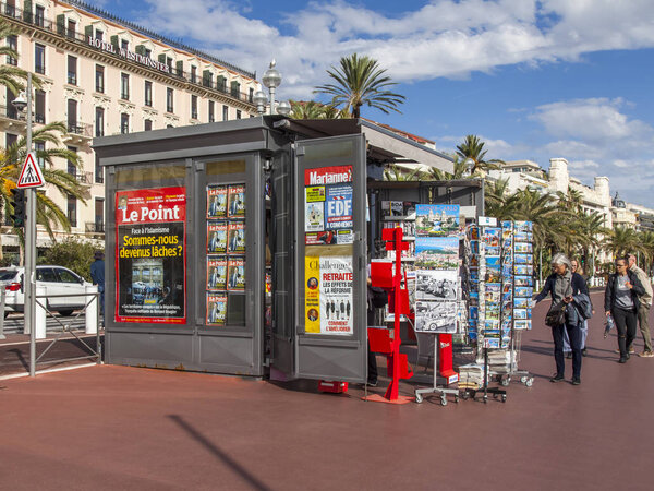 Nice, France, October 10, 2019. Press and news booth on Promenade des Anglais quay