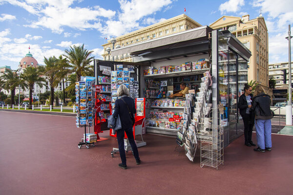 Nice, France, October 10, 2019. Press and news booth on Promenade des Anglais quay