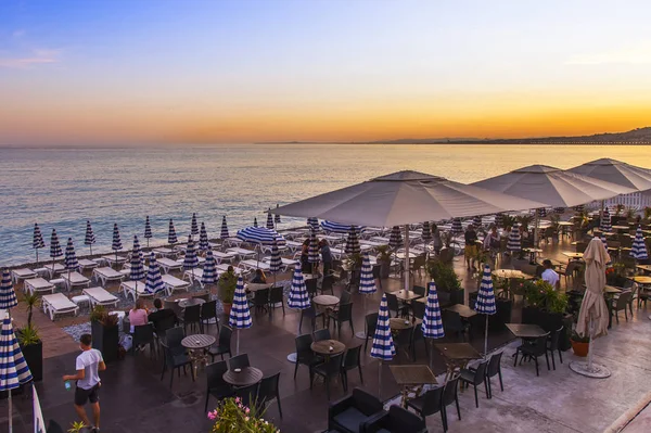 Nice France October 2019 Picturesque Sunset Mediterranean Sea Cafe Tables — Stock Photo, Image