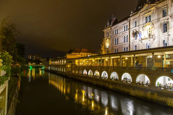 Ljubljana Słowenia Sierpnia 2019 Malowniczy Widok Miasto Wieczorem Światła Nabrzeża — Zdjęcie stockowe