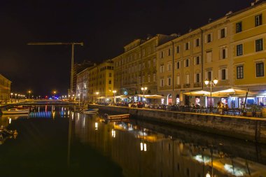 Trieste, İtalya, 5 Ağustos 2019. Kanal Grande 'nin manzaralı panoramik manzarası ve akşam aydınlatmasında setin mimari kompleksi