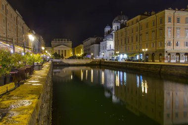 Trieste, İtalya, 5 Ağustos 2019. Kanal Grande 'nin manzaralı panoramik manzarası ve akşam aydınlatmasında setin mimari kompleksi