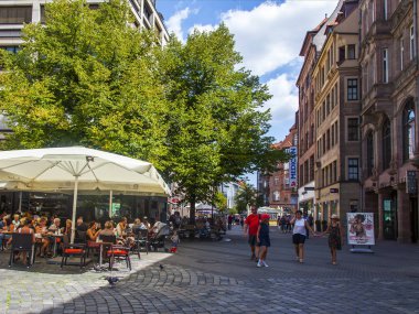 Nürnberg, Almanya, 21 Ağustos 2018 tarihinde. Bavyera'da eski şehir için tipik mimari kompleks