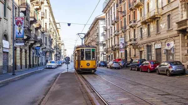 Milan Italie Février 2020 Tramway Vintage Dans Une Rue Ville — Photo