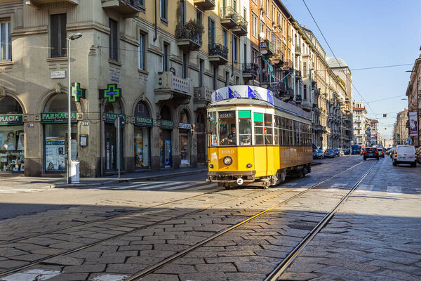 Milan, Italy, February 12, 2020. A vintage tram on a city street