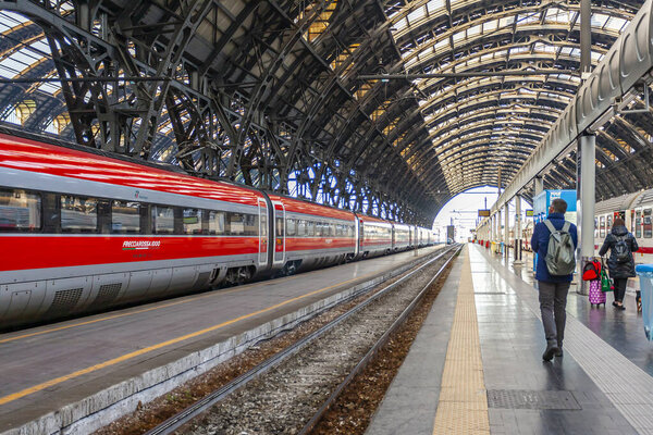 Milan, Italy, February 12, 2020. High-speed train near the platform of the Milano Centrale station