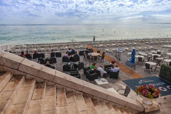 Nice France October 2019 Picturesque Sunset Mediterranean Sea Cafe Tables — Stock Photo, Image