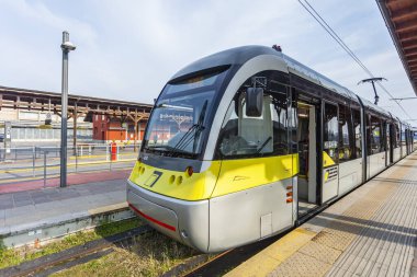 Bergamo, İtalya, 16 Şubat 2020. Şehir tramvay hattı terminali