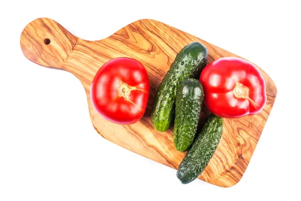 Verse Tomaten Komkommers Knoflook Tafel — Stockfoto