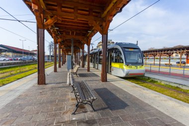 Bergamo, İtalya, 16 Şubat 2020. Şehir tramvay hattı terminali
