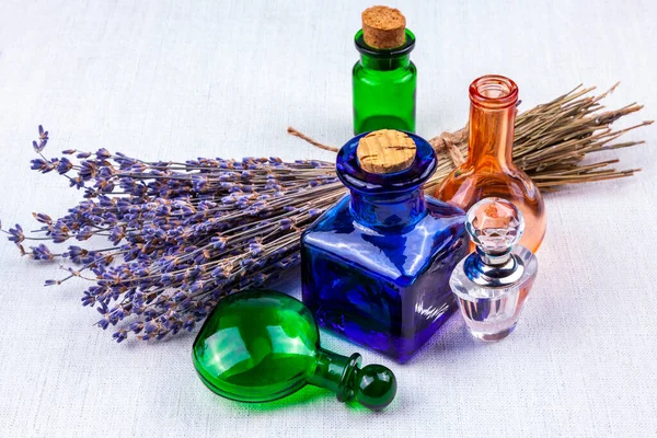 Vintage Glass Bottles Dry Lavender Table — Stock Photo, Image