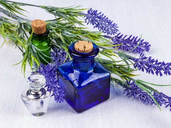 Vintage Glass Bottles Lavender Flowers Table Flat Lay — Stock Photo, Image