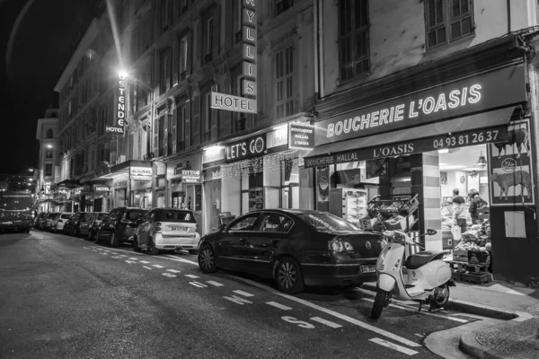 Nice França Outubro 2019 Vista Urbana Bela Rua Iluminação Noturna — Fotografia de Stock