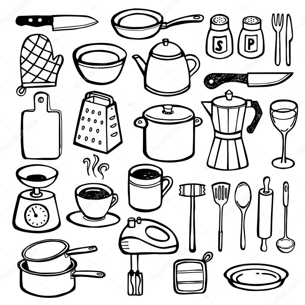 Kitchen Doodles hand drawn kitchen tools — Stock Vector