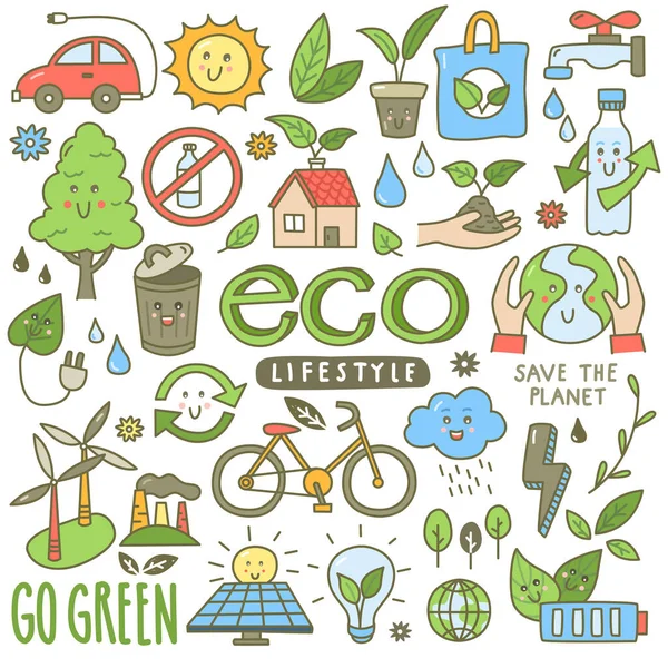 Eco Biologische Doodles Iconen Ecologie Duurzame Ontwikkeling Natuurbescherming — Stockvector