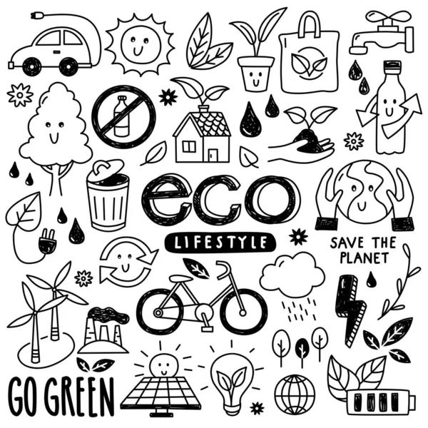 Eco Organic Doodles Icons Ecology Sustainable Development Nature Protection — Stock Vector