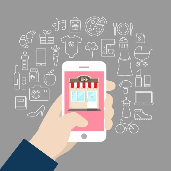 アイコンとショッピングの背景の概念 オンライン タブレットやスマートフォンを使用してショッピング モバイル通信のトピックや消費者主義を説明するために使用できます — ストックベクタ