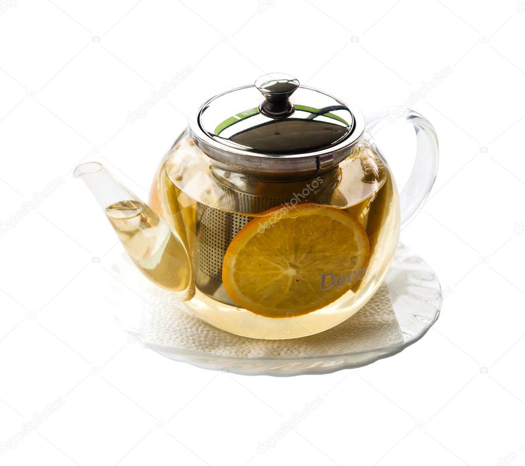 Tea with lemon on white background