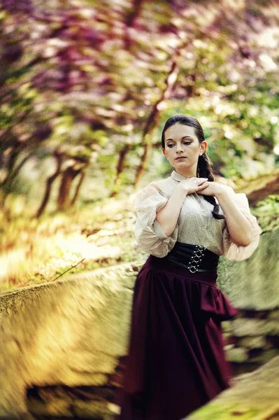 Brunette vrouw in lange Victoriaanse jurk — Stockfoto