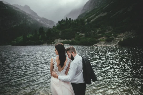 Happy newlyweds on coast of mountain lake — Stock Photo, Image