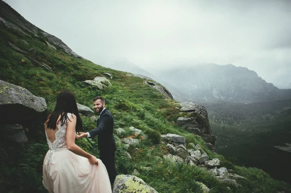 Recém-casados caminhando em montanhas pitorescas — Fotografia de Stock