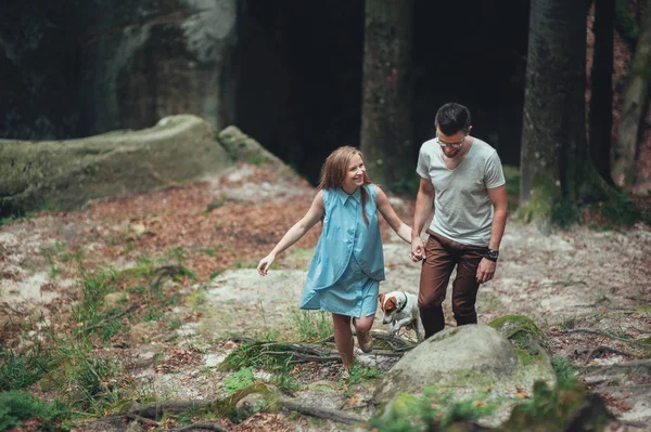 Pareja caminando con el perro en la colina del bosque — Foto de Stock