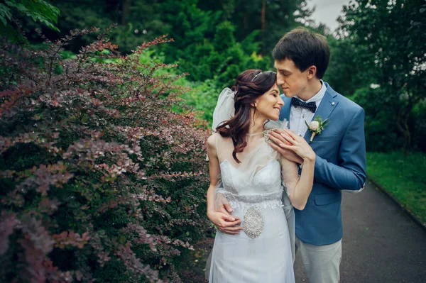 Vackra Bröllop Kaukasiska Par Poserar Grön Trädgård — Stockfoto