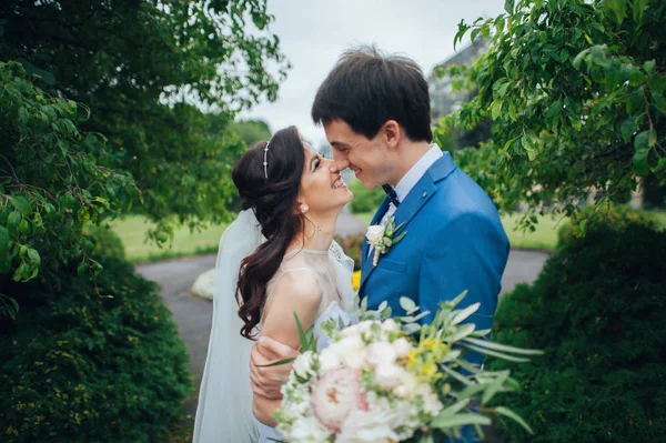 Beautiful Happy Young Bride Kissing Handsome Groom Park — Stock Photo, Image