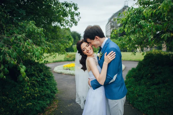 Happy Elegant Groom Beautiful Bride Hugging Outdoors — Stock Photo, Image