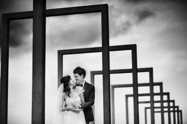 Imagem Monocromática Casal Casamento Bonito Feliz Juntos Frente Arcos Imagens De Bancos De Imagens
