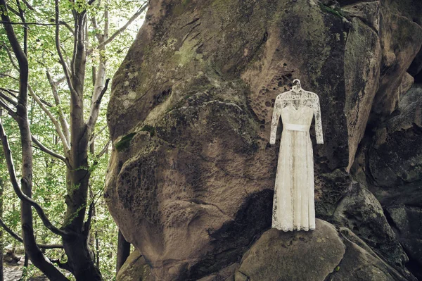 Gaun Pengantin Putih Tergantung Batu Hutan — Stok Foto