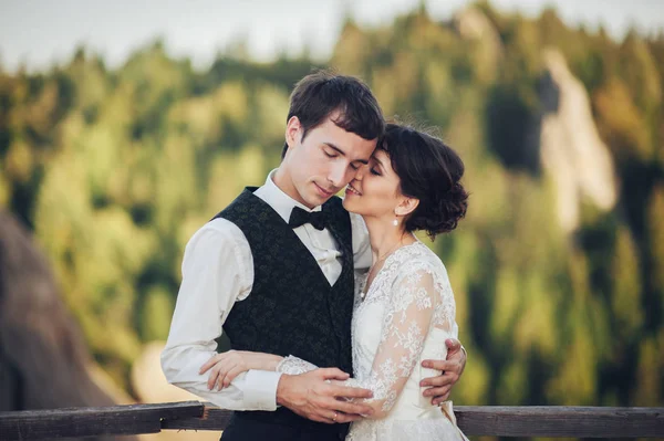 Junges Attraktives Kaukasisches Brautpaar Umarmt Sich Vor Verschwommenem Hintergrund — Stockfoto