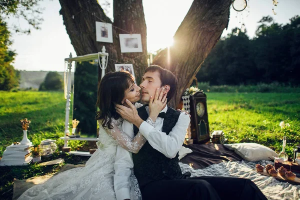 Tineri Atractiv Caucazian Logodit Cuplu Sărutat Picnic Romantic Sub Copac — Fotografie, imagine de stoc