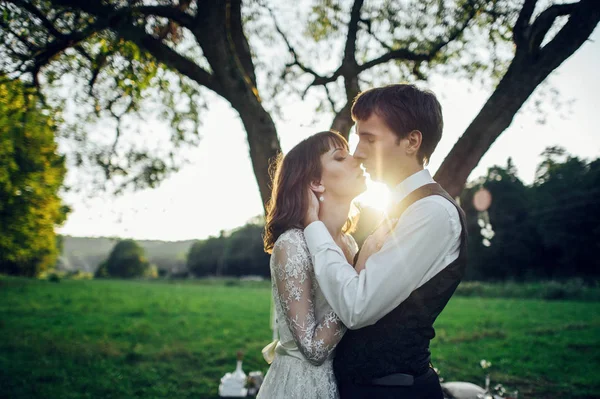 Jovem Atraente Caucasiano Noivo Abraço Casal Beijos Parque — Fotografia de Stock