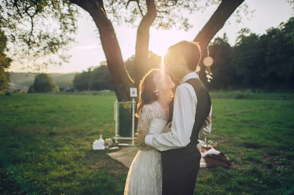 Jonge Aantrekkelijke Kaukasische Betrokken Paar Knuffelen Romantische Picknick Naast Boom — Stockfoto