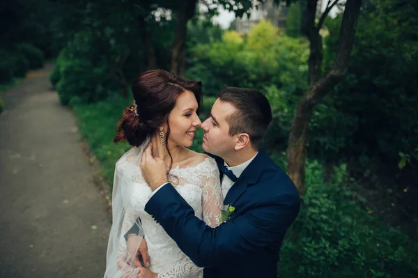 Νέοι Όμορφο Γαμήλιο Ζεύγος Αγκάλιασμα Στο Πάρκο — Φωτογραφία Αρχείου