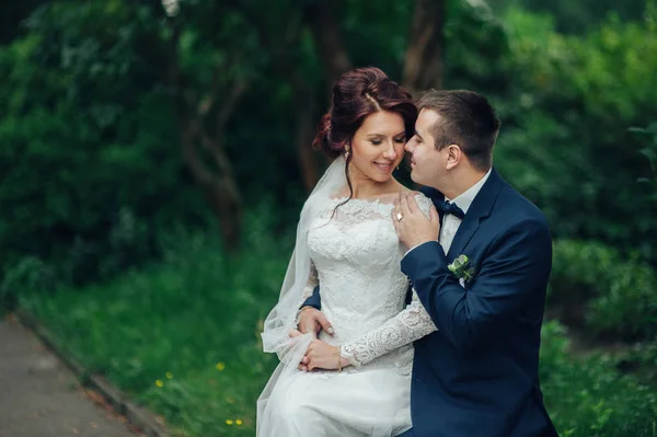 Jovem Atraente Casamento Casal Abraçando Parque — Fotografia de Stock