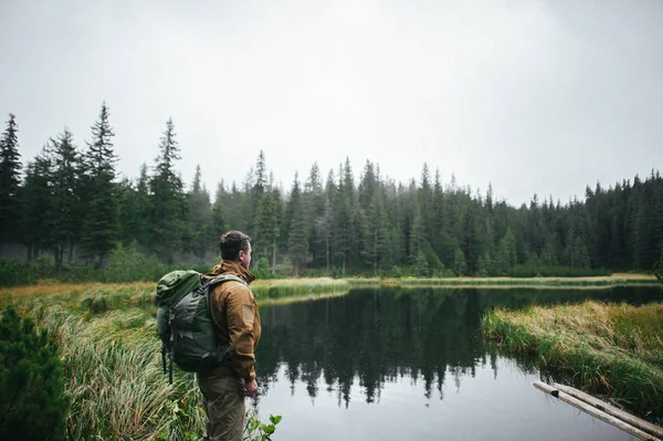 Человек Смотрит Живописный Вид Горного Озера Леса — стоковое фото