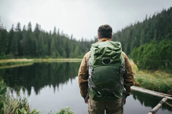 Homem Olhando Vista Panorâmica Lago Montanha Floresta — Fotografia de Stock