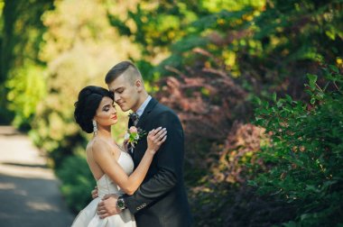 Gelin ve damat parkta ağaçların arasında sarılma