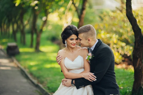 Recém Casados Casal Abraçando Entre Árvores Parque — Fotografia de Stock