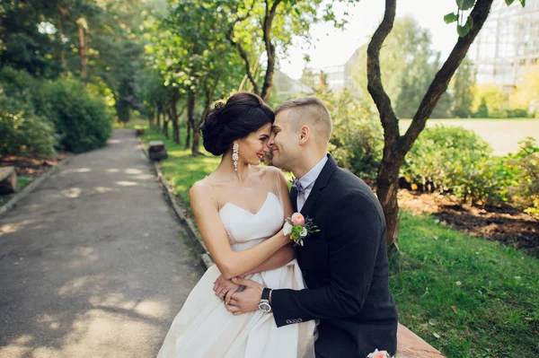 Nygifta Par Som Kramas Mellan Träd Park — Stockfoto