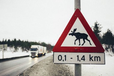 Norveç yol işareti geyik kamyon ile görünümü arka plan üzerinde kapat