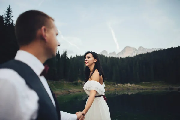 Brudgummen Och Bruden Hålla Hand Med Berg Bakgrunden — Stockfoto
