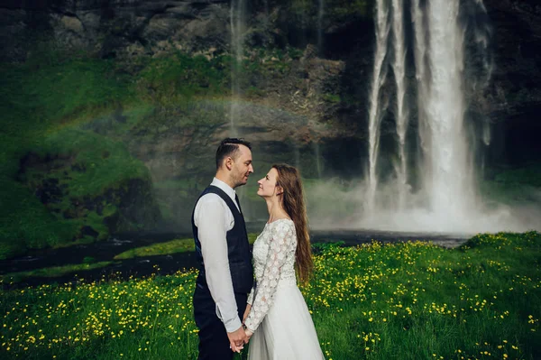 已婚夫妇站立和牵手在瀑布附近 — 图库照片